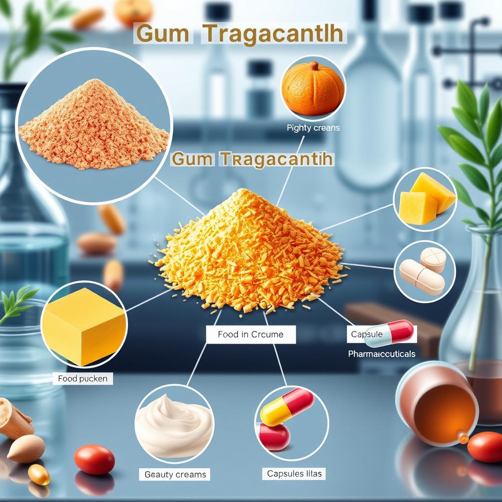 A visually engaging scientific illustration showcasing the uses of gum tragacanth in biopolymers