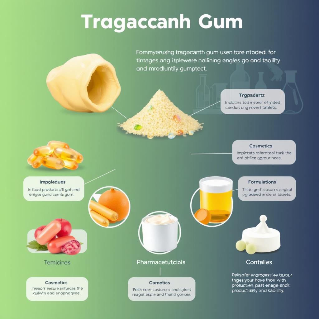 An informative and detailed illustration highlighting the various uses of tragacanth gum in biopolymers