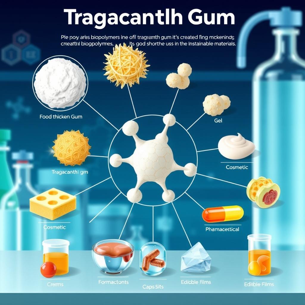 A detailed illustration showcasing the various uses of tragacanth gum in the creation of biopolymers