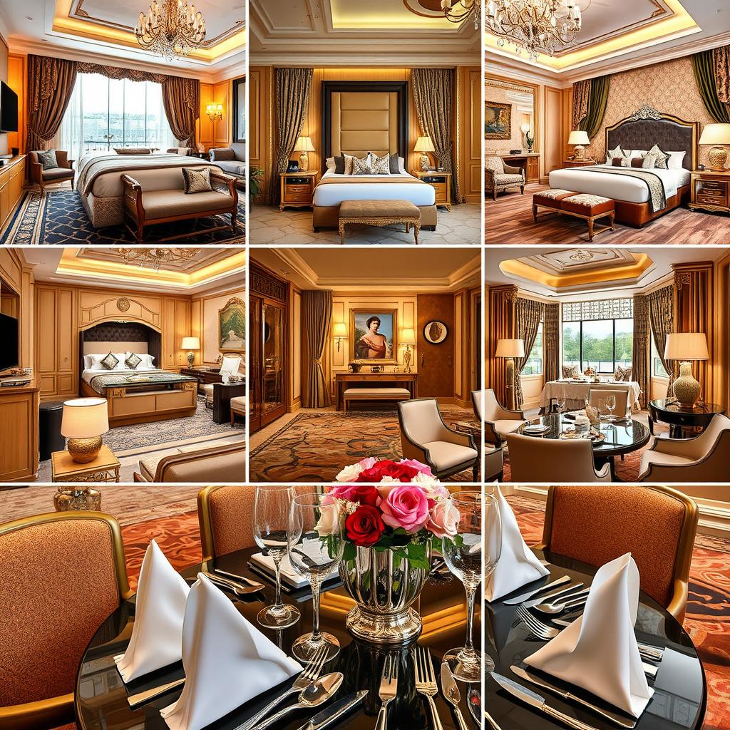A luxurious hotel interior showcasing a diverse array of hospitality suites, including opulent honeymoon suites and an extravagant Presidential suite with lavish decor