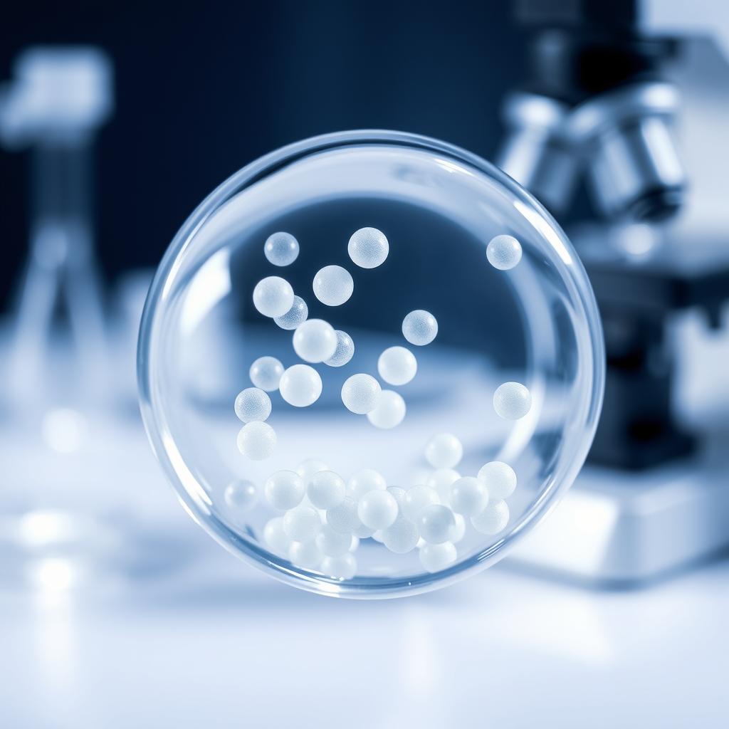 A close-up view of nano chitosan particles suspended in a transparent solution, illustrating their unique structure and surface characteristics
