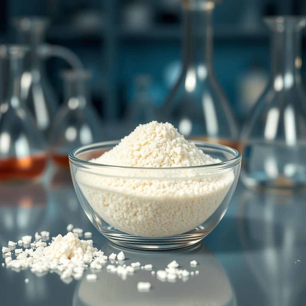 A detailed depiction of chitosan powder in a small glass bowl, showcasing its fine, white, and slightly off-white granules