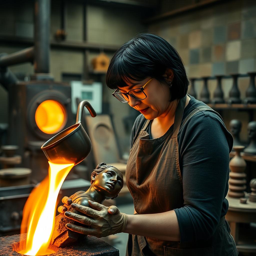 A close-up shot of an artist casting a bronze sculpture in a modern foundry