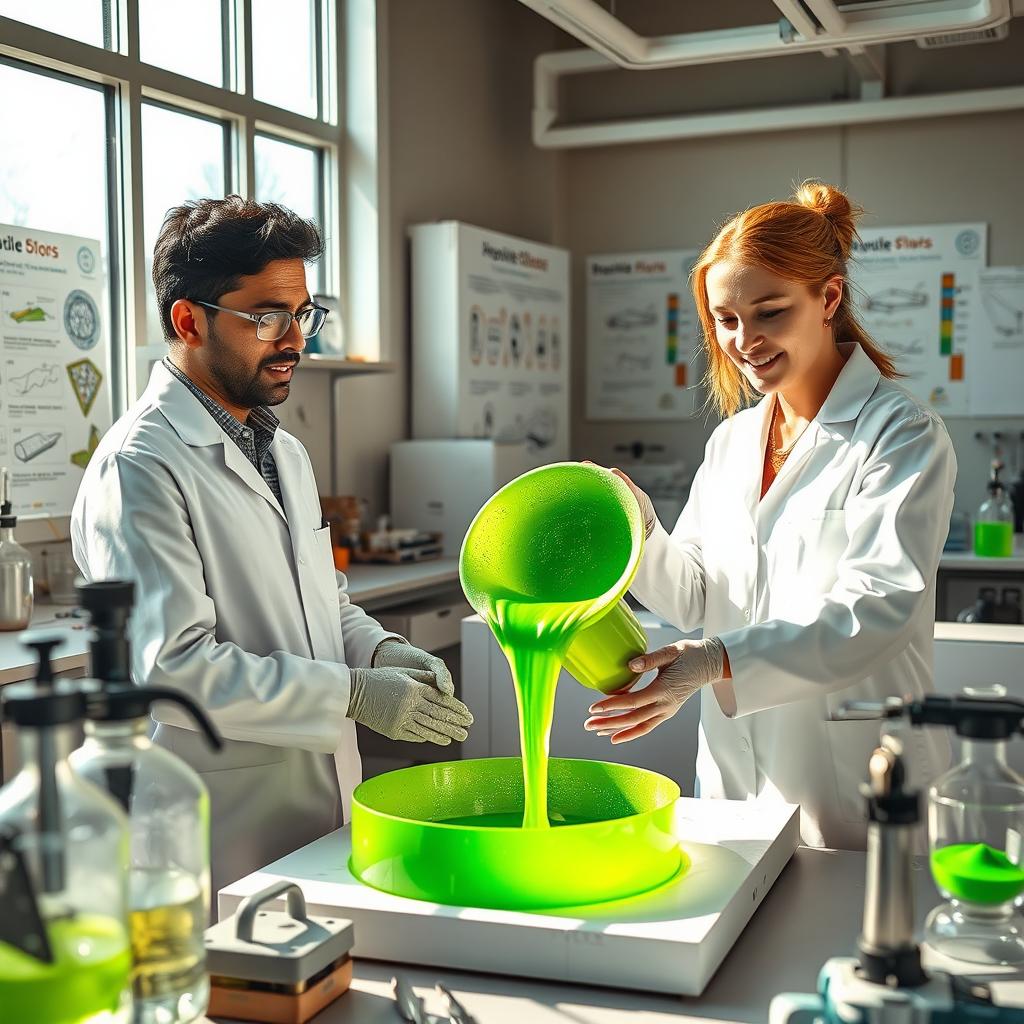 An educational scene depicting the casting method using biocomposites in a laboratory setting