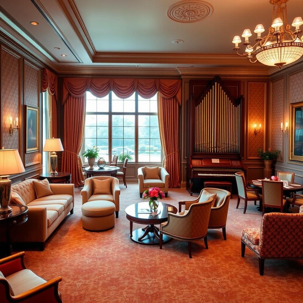 An elegant hotel interior showcasing a skilled upholsterer's craftsmanship in decor, featuring ten beautifully designed rooms, including the cozy Rendezvous room and the expansive Continental room, specifically tailored for intimate parties