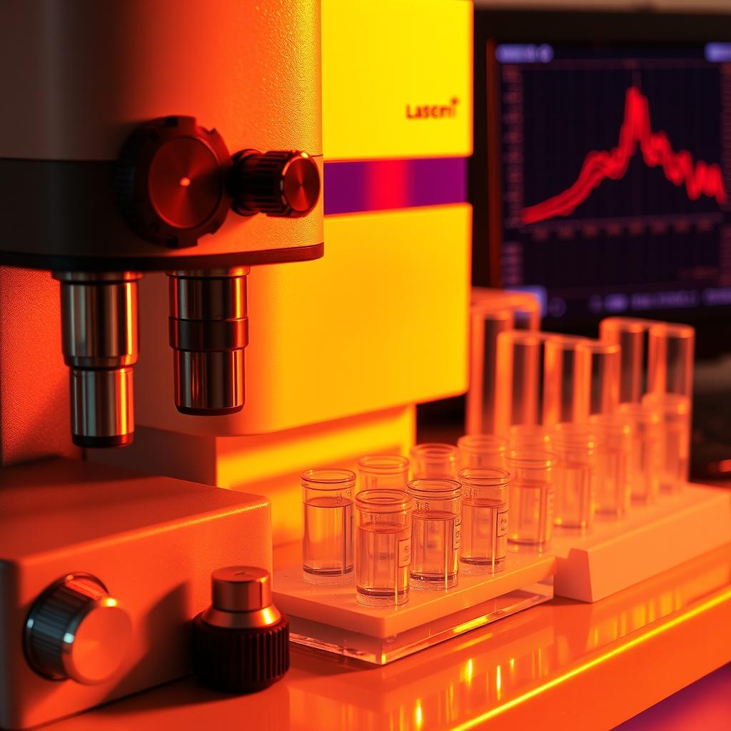 A detailed close-up view of a Fourier-transform infrared spectroscopy (FT-IR) setup, showcasing a high-quality infrared spectrometer, sample holder, and control panel