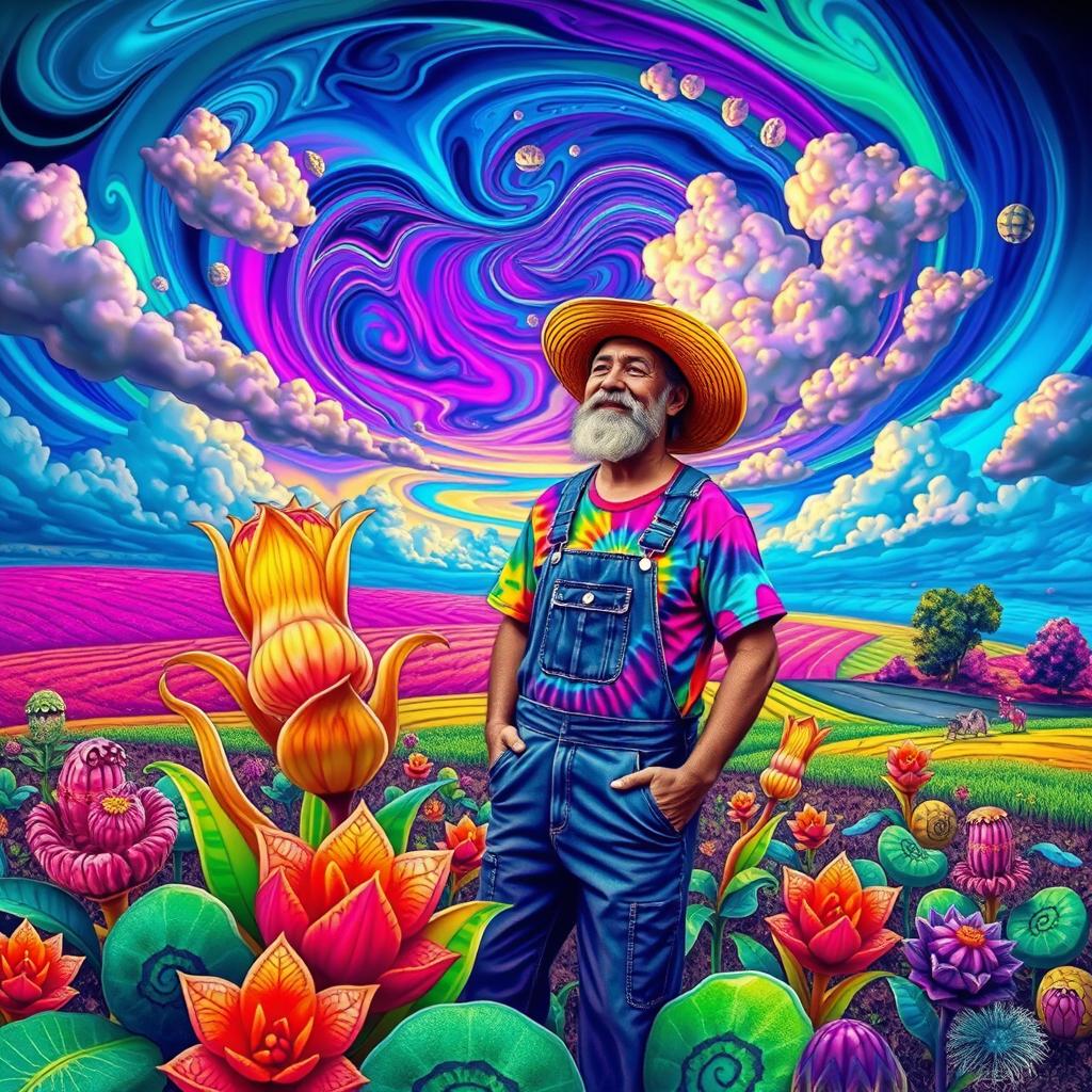 A surreal, psychedelic depiction of a farmer in a vibrant, dreamlike landscape