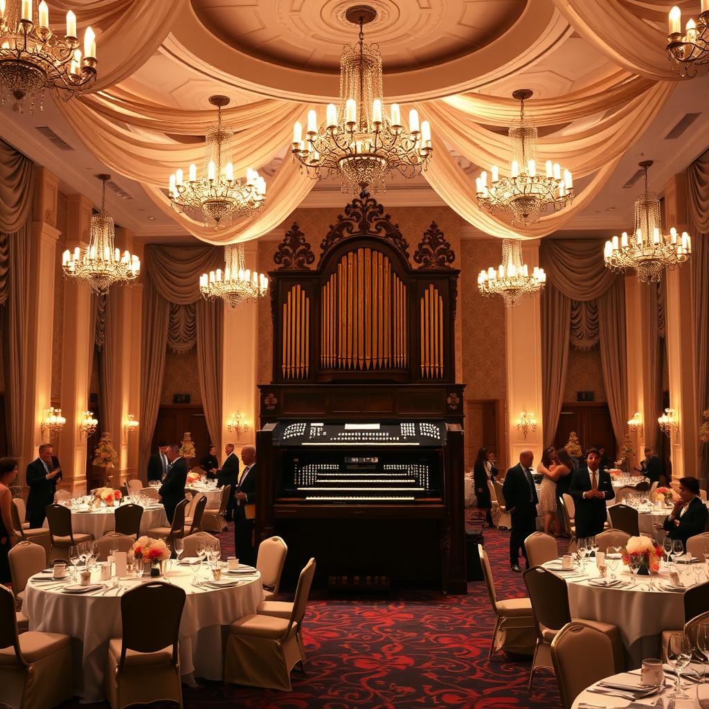 A stunning ballroom designed for elegant banquets, featuring a grand Hammond organ prominently displayed as a focal point