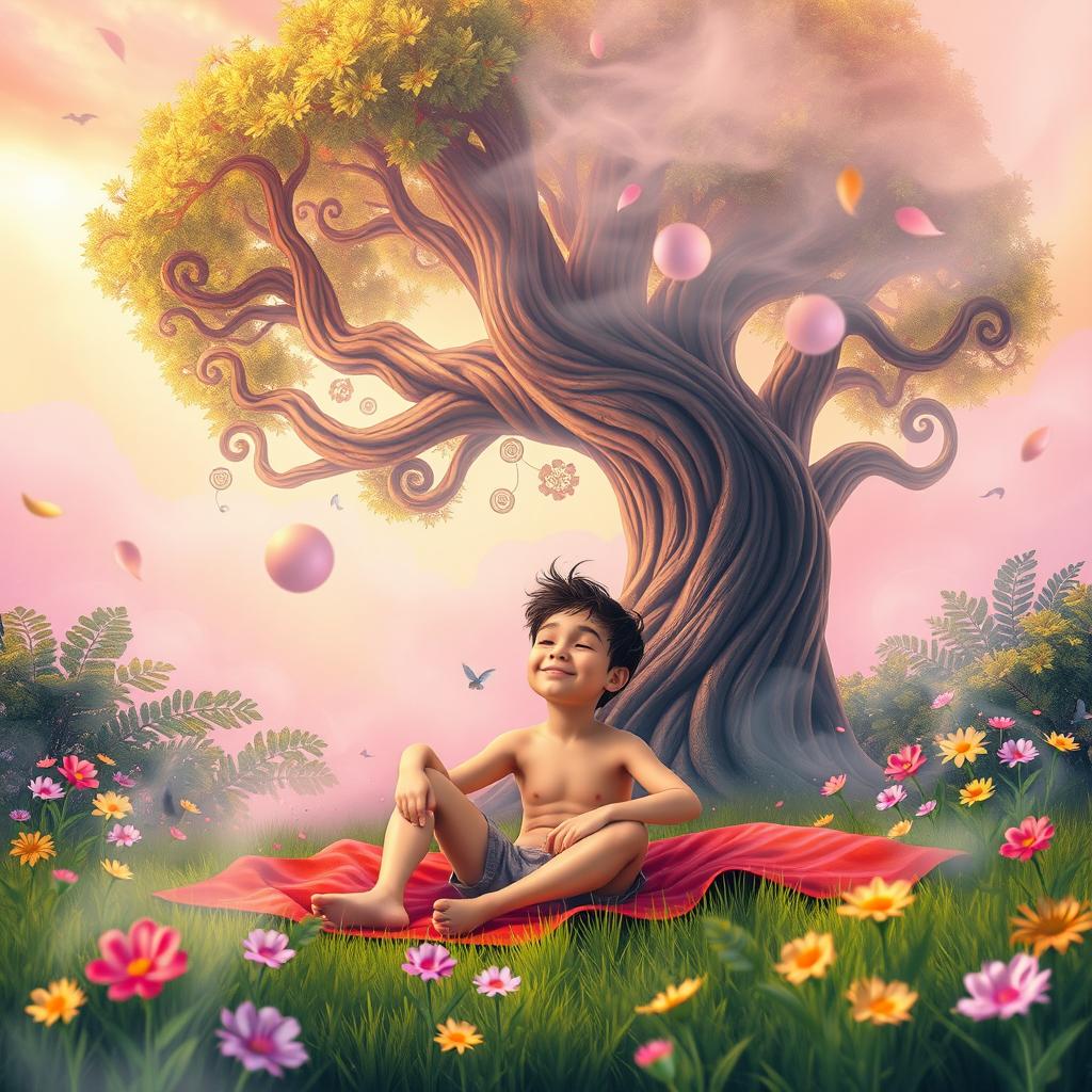 An artistic and imaginative representation of a relaxed individual enjoying a serene moment outdoors, surrounded by lush greenery and colorful flowers