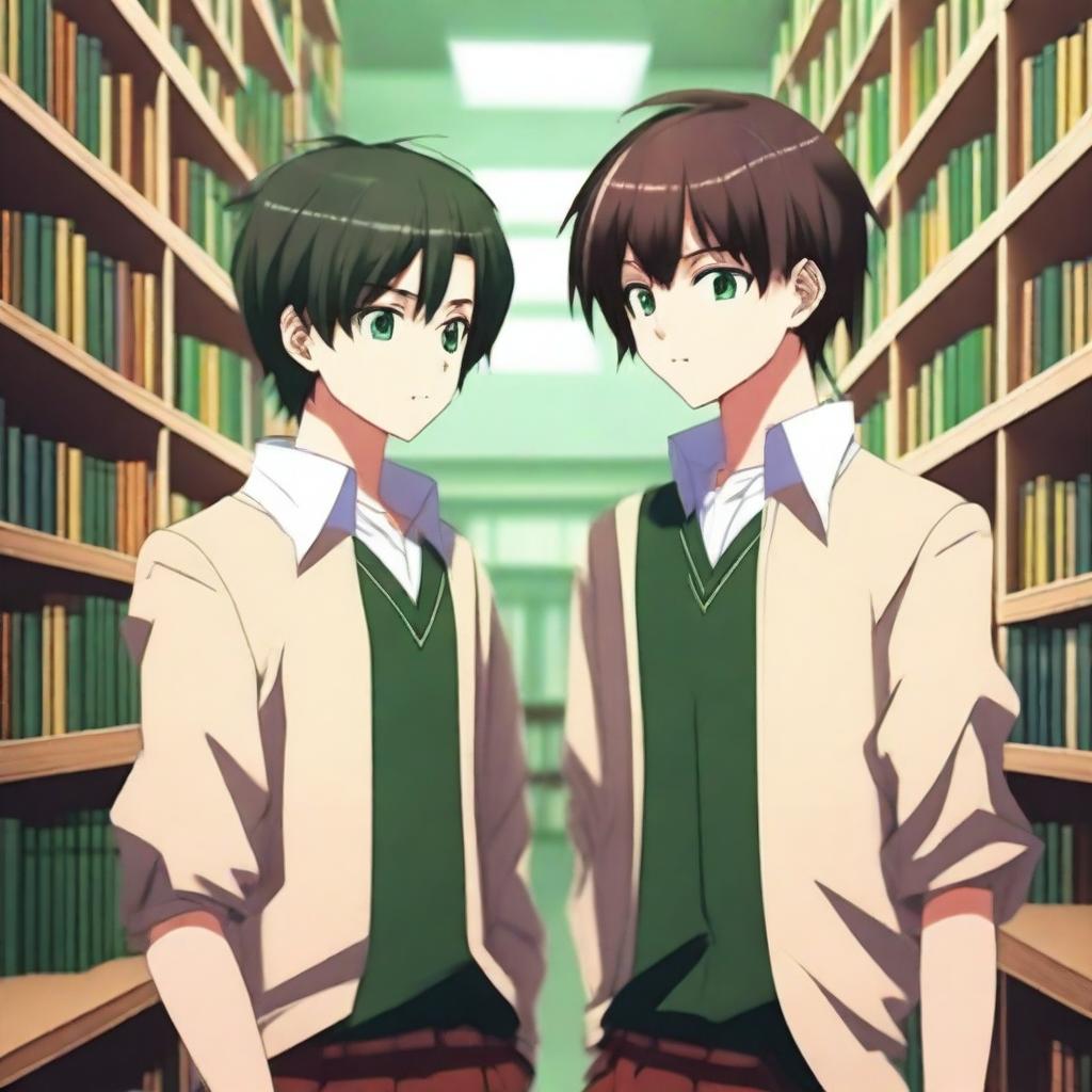 A 3D digital art image of exceptional quality portrays a tender scene between two anime-style high school boys in a library