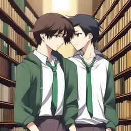 A 3D digital art image of exceptional quality portrays a tender scene between two anime-style high school boys in a library