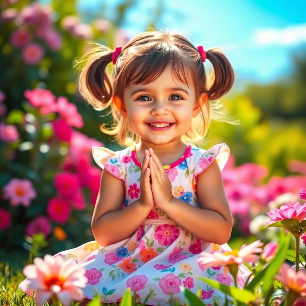 A heartwarming scene of a small girl with a joyful expression, kneeling with her hands clasped in prayer