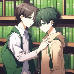 A 3D digital art image of exceptional quality portrays a tender scene between two anime-style high school boys in a library