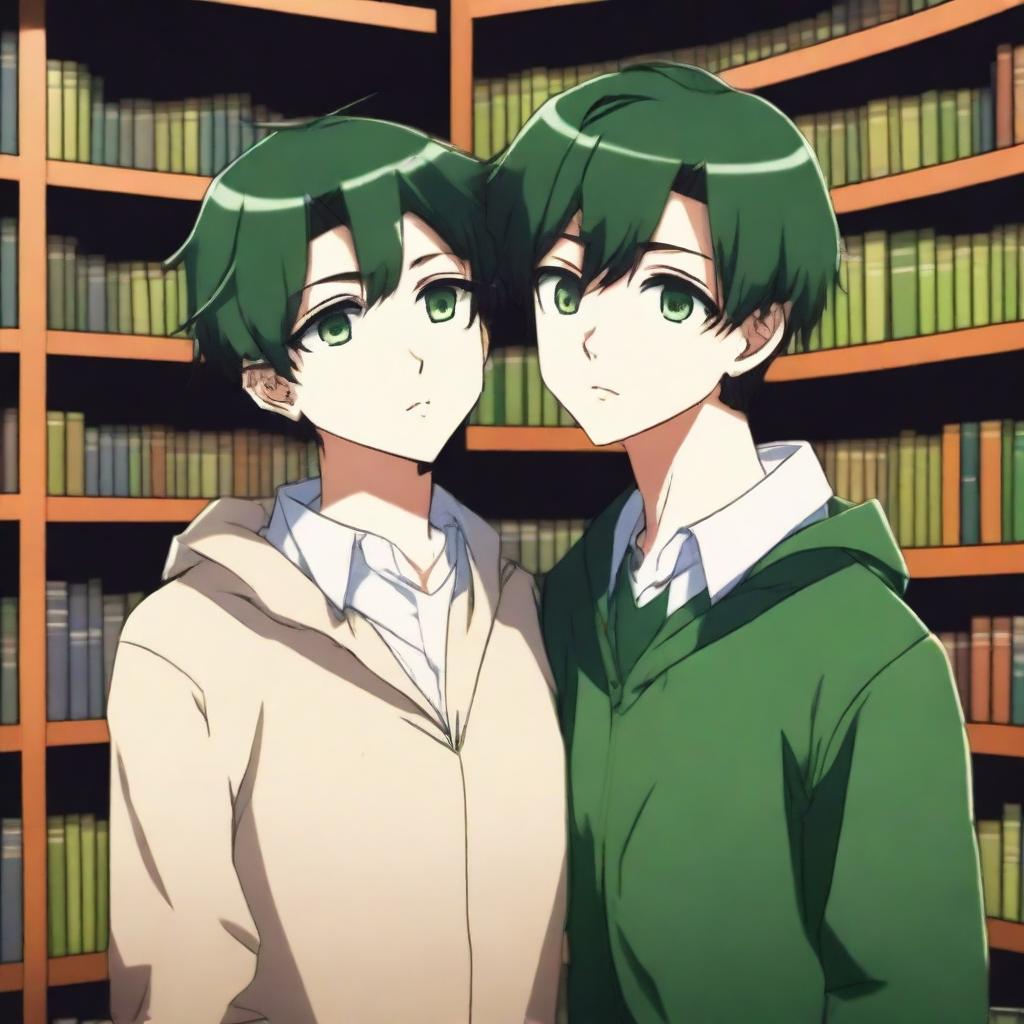 A 3D digital art image of exceptional quality portrays a tender scene between two anime-style high school boys in a library