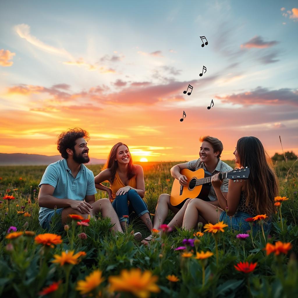 A serene outdoor scene during sunset, where a group of friends is laughing and enjoying each other's company