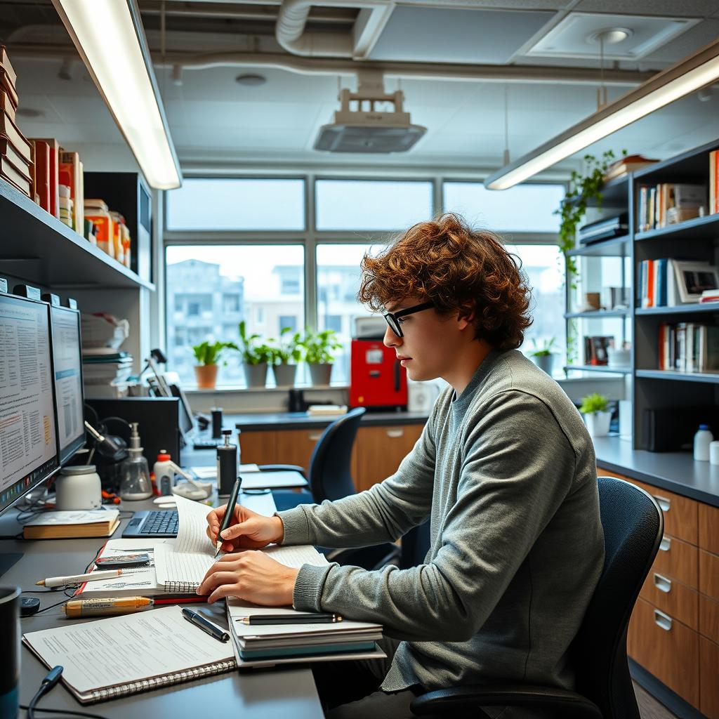 A focused student working diligently on a PhD thesis in a modern university laboratory