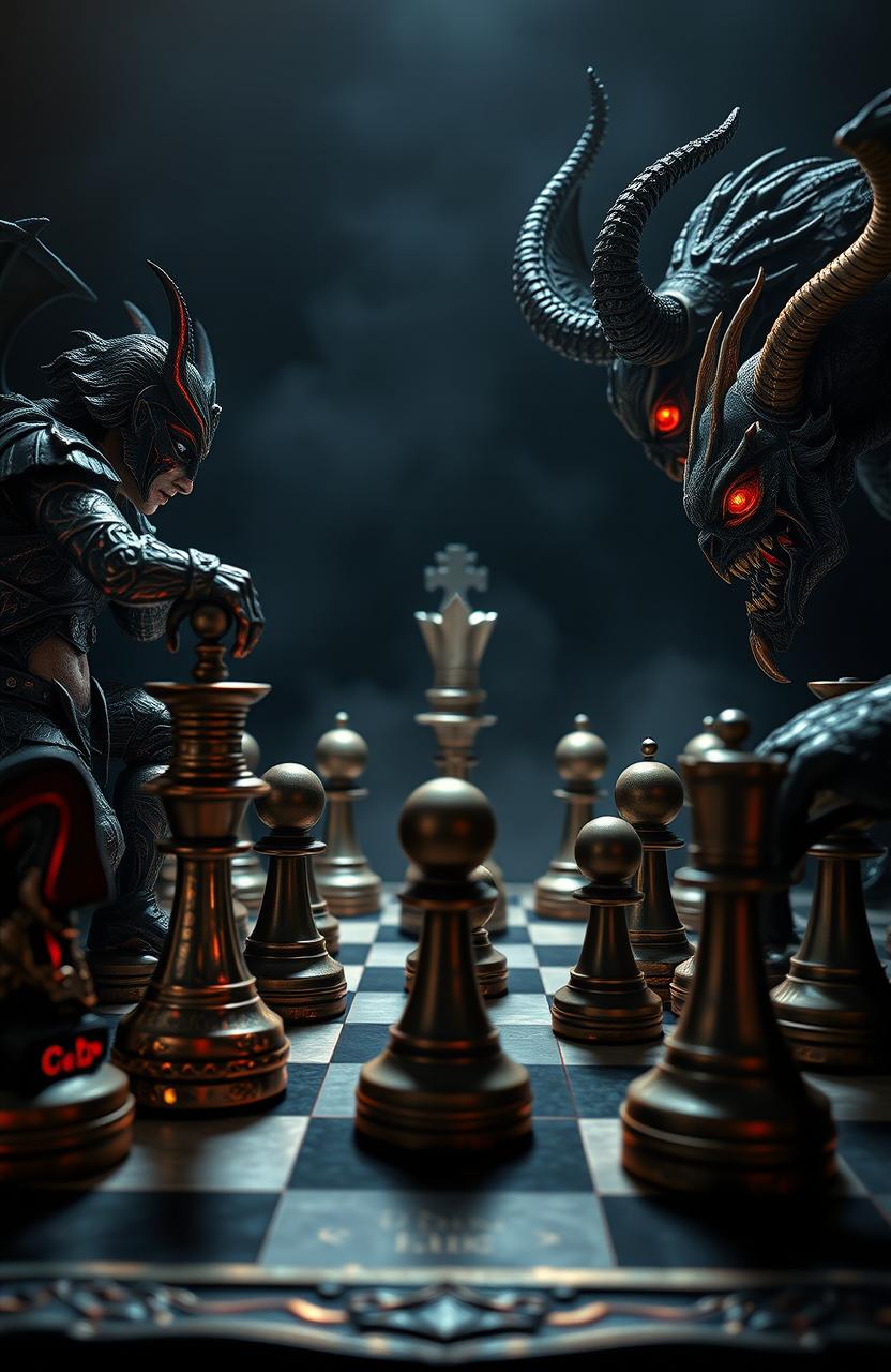 An intense scene from a chess game inspired by the theme of 'Demon Hunters'