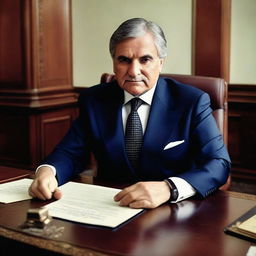 Javier Milei seated behind a president's desk in an elegant office, donning formal attire symbolising presidential status.