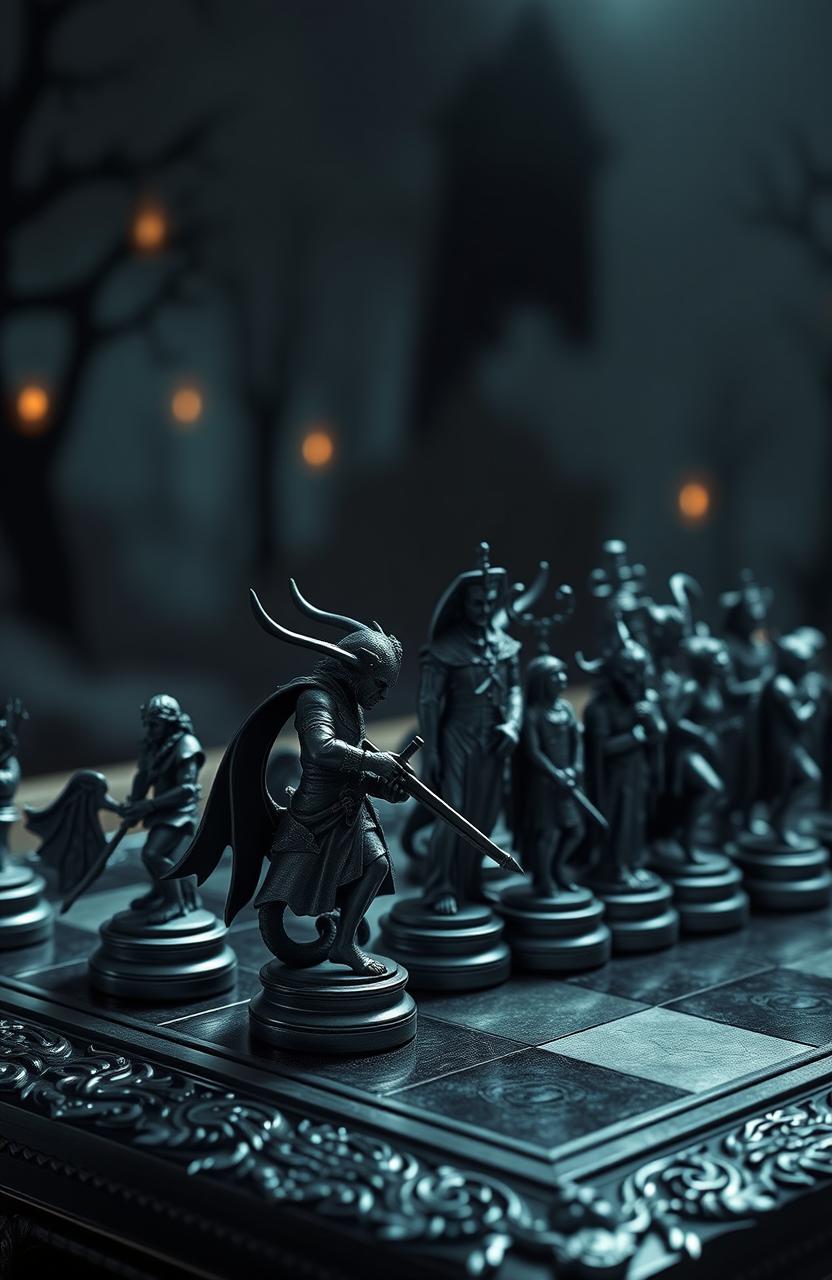 A beautifully designed chess set themed around demon hunters, featuring intricately detailed pieces representing various demon hunter characters and classical demons