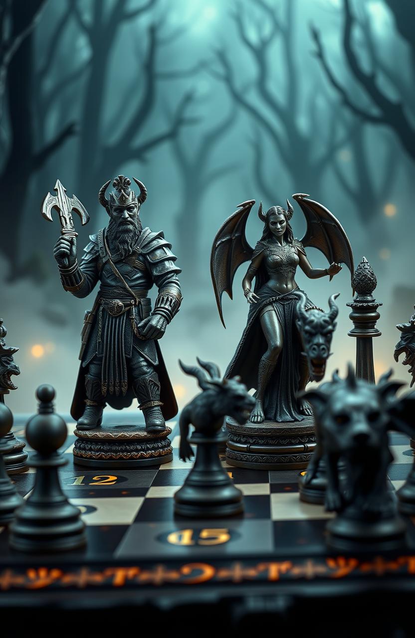 A fantasy-themed chess set inspired by demon hunters, featuring intricately designed chess pieces