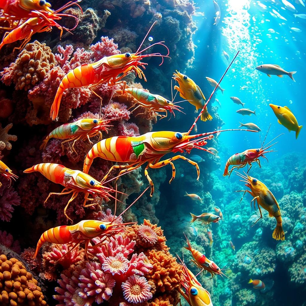 A vibrant and detailed underwater scene showcasing a variety of colorful shrimps in their natural habitat