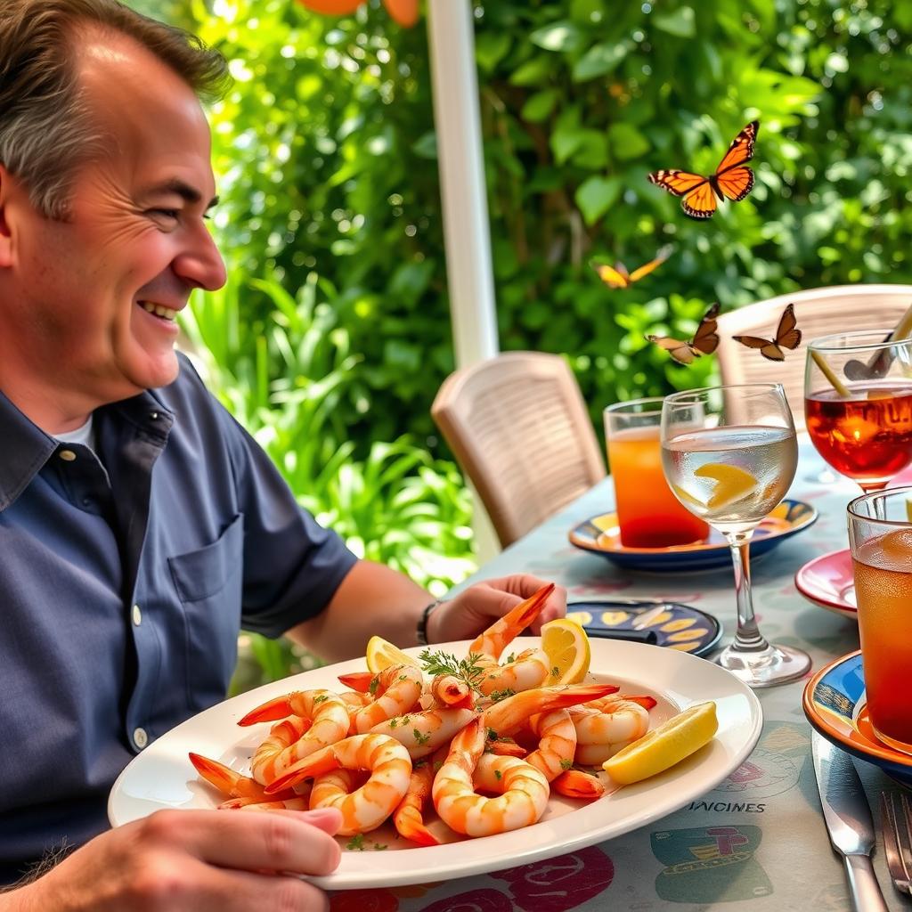 A lively dining scene featuring a man enjoying a plate of freshly cooked shrimp