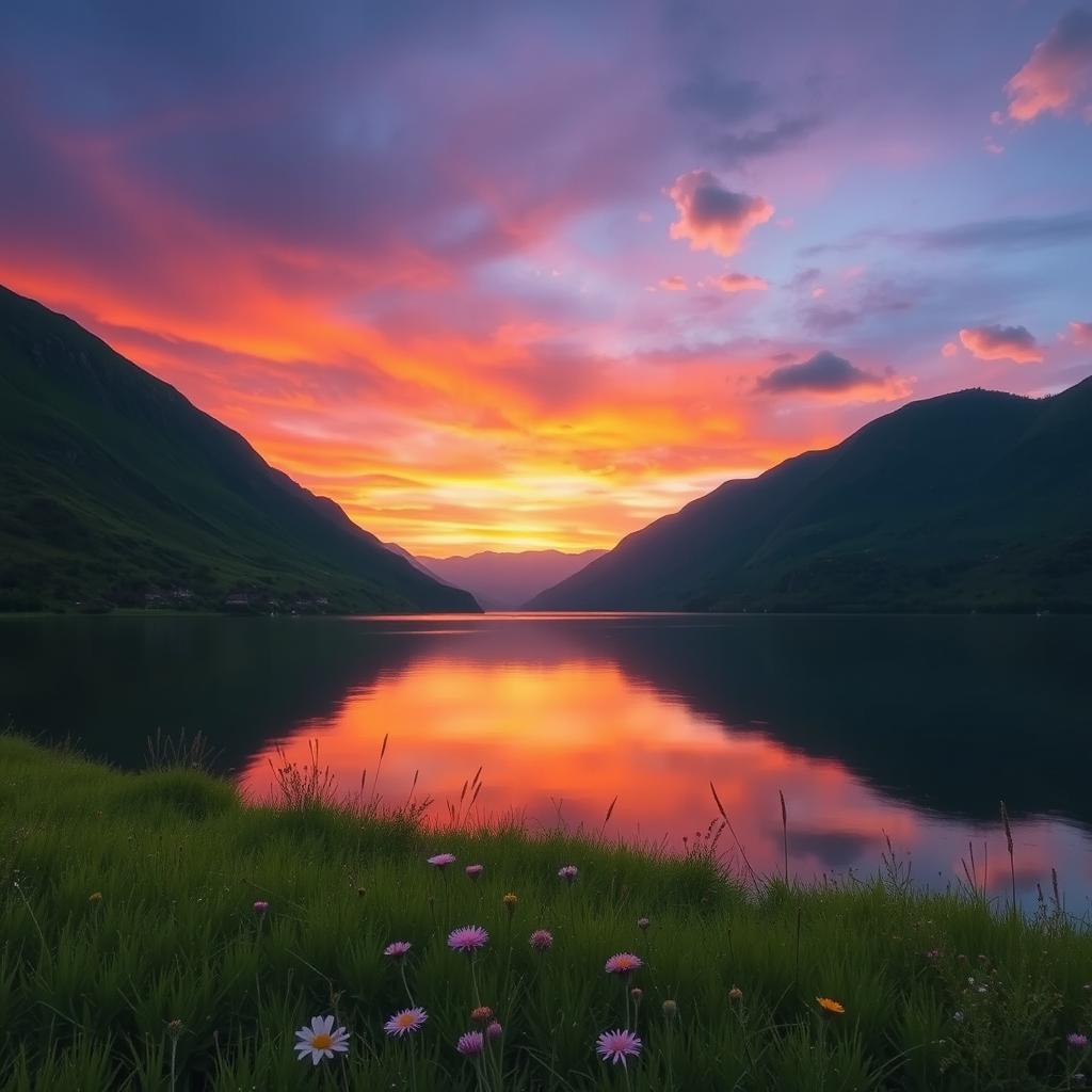A serene and beautiful landscape depicting a sunset over a tranquil lake surrounded by lush green mountains