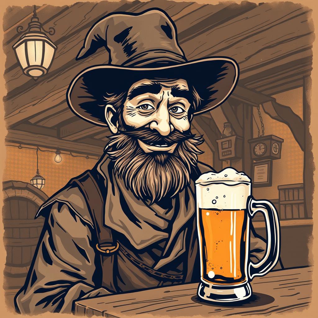 A vintage illustration of a ruggedly handsome drunkard man, dressed in tattered old-fashioned clothing, with a wide-brimmed hat tilted at a jaunty angle