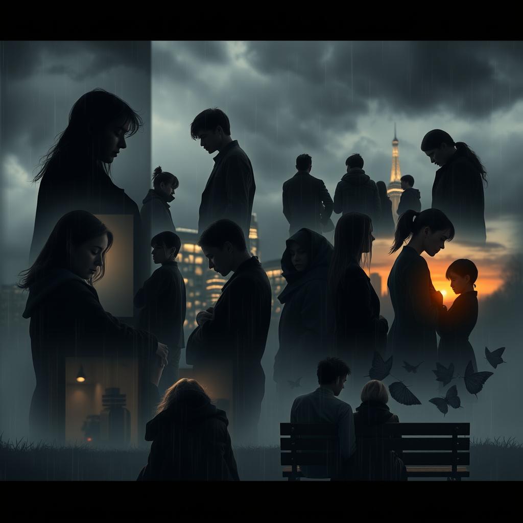 An emotional scene capturing the essence of human sadness, featuring a diverse group of people reflecting a spectrum of emotions
