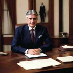 Javier Milei seated behind a president's desk in an elegant office, donning formal attire symbolising presidential status.