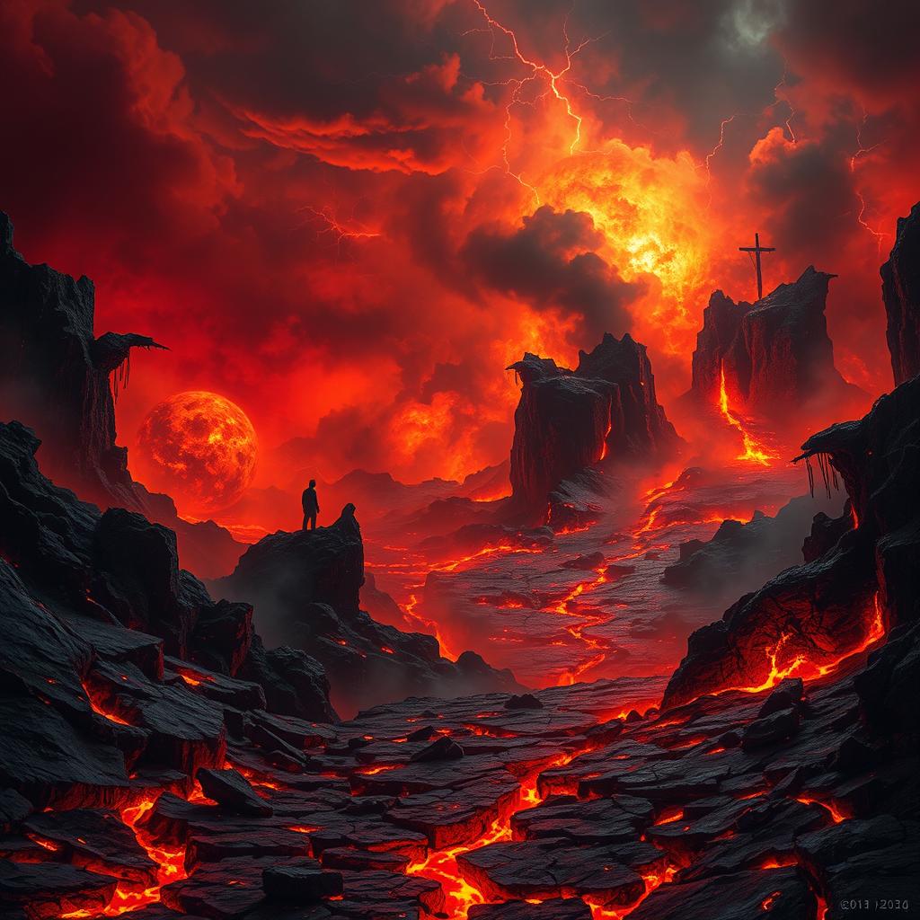 A dramatic and visually striking depiction of hell, characterized by fiery landscapes filled with molten lava and dark, swirling smoke