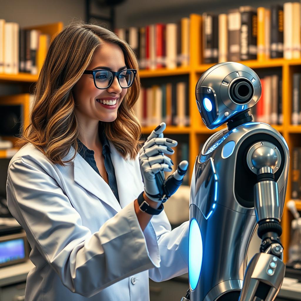 A beautiful female professor with shoulder-length wavy hair, wearing stylish glasses and a lab coat, actively operating a sleek, handsome homemade robot