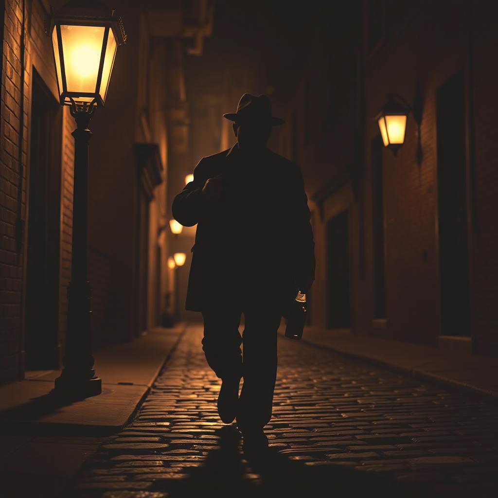 A vintage-style shadow image of a drunken man staggering down a dimly lit street