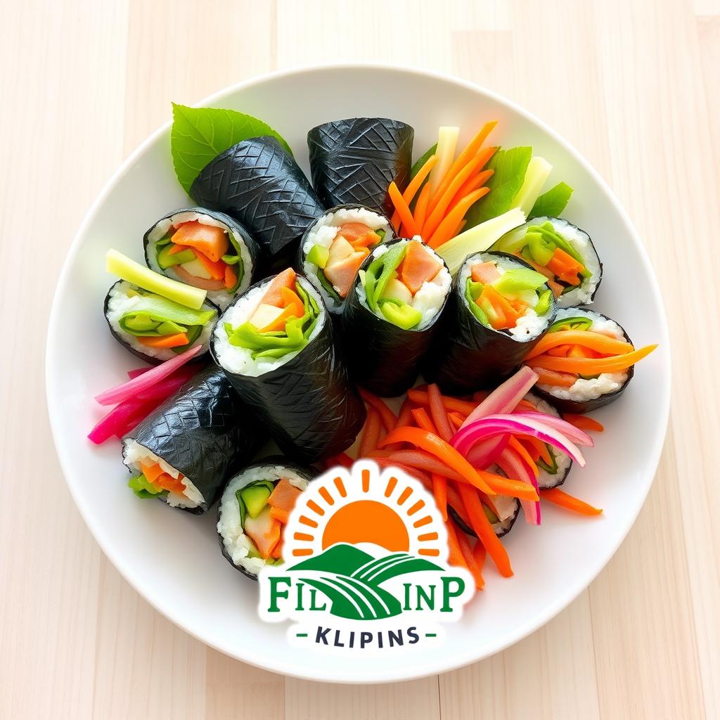 A delicious plate of kimbap, beautifully arranged with vibrant colors