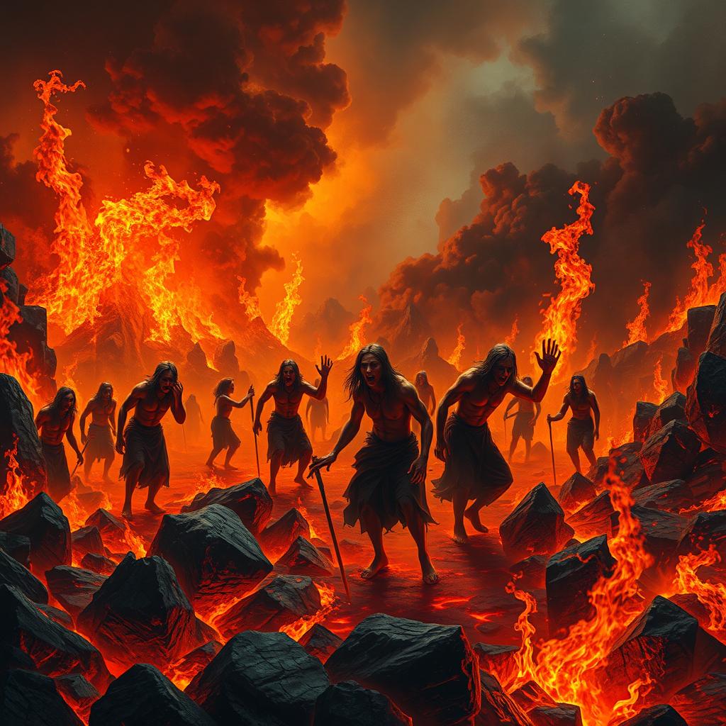 A dramatic representation of individuals experiencing suffering in a fiery hellscape