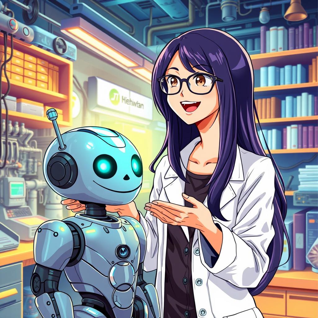An anime-style illustration of a beautiful female professor with long flowing hair, wearing stylish glasses and a modern lab coat, joyfully operating her first handsome homemade robot