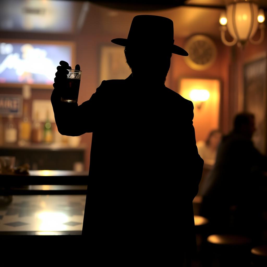 A vintage-style silhouette of a drunken man swaying, holding a drink in one hand, and wearing a classic fedora hat