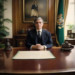 Javier Milei seated behind a president's desk in an elegant office, donning formal attire symbolising presidential status.