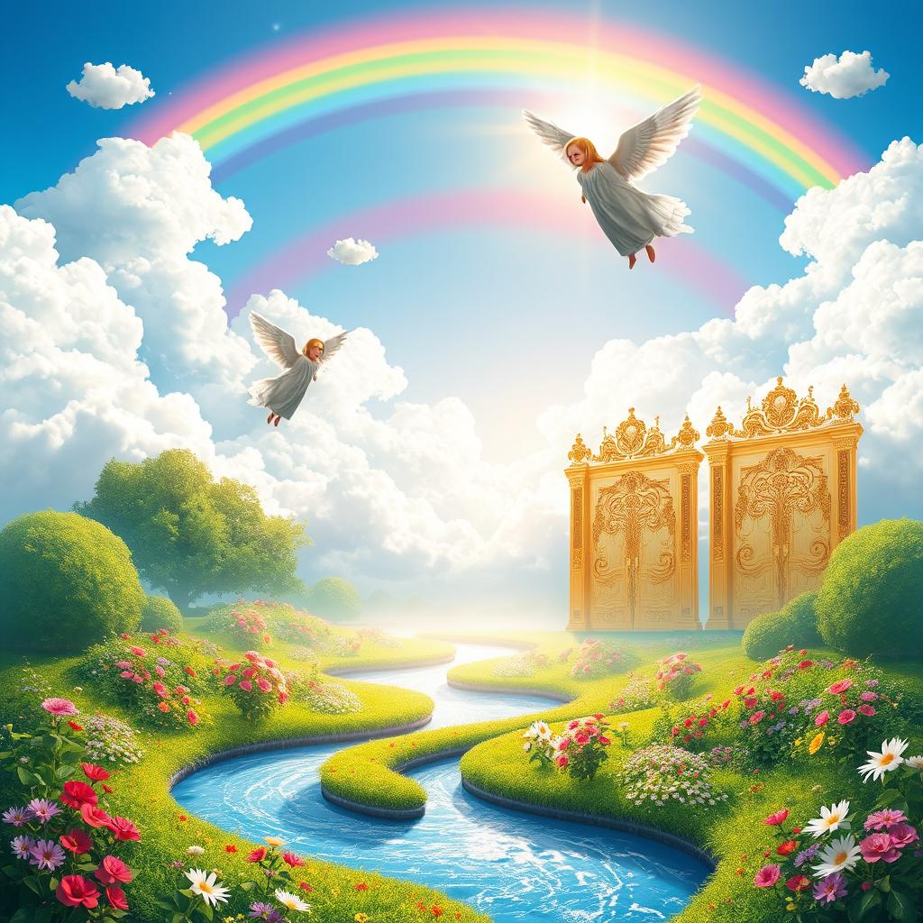 A whimsical representation of Menyország, the concept of Heaven, featuring a beautiful, ethereal landscape filled with fluffy white clouds, vibrant rainbows arching across a bright blue sky, and a radiant golden glow lighting the scene