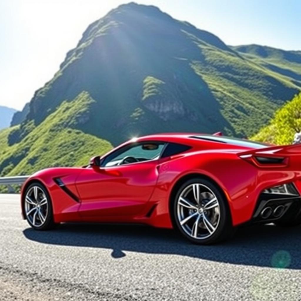 A sleek and modern sports car, painted in a vibrant red color, parked on a scenic mountain road with a stunning backdrop of green hills and a bright blue sky