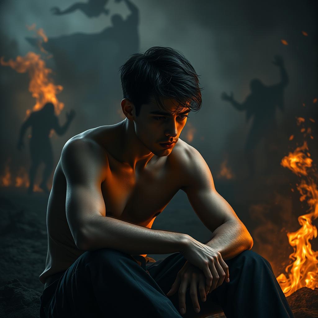 A contemplative young man, sitting in a desolate hellscape, reflecting on his past sins