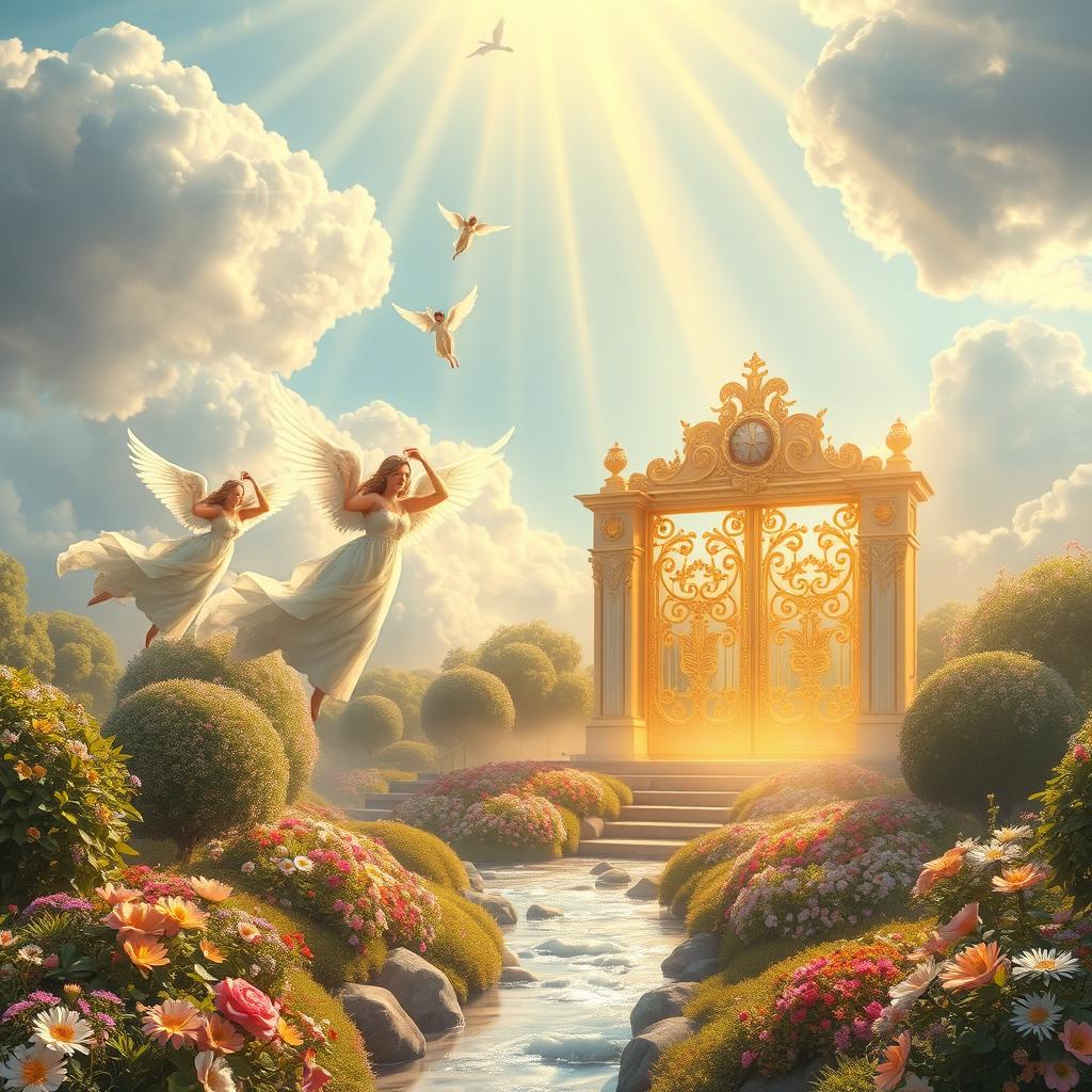 A dreamlike depiction of Menyország, symbolizing Heaven, showcasing a breathtaking landscape of fluffy white clouds, soft pastel skies, and radiant golden light flooding the scene