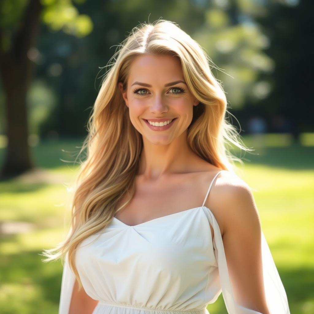 A beautiful blonde woman with an engaging smile, wearing a flowing white dress that accentuates her figure
