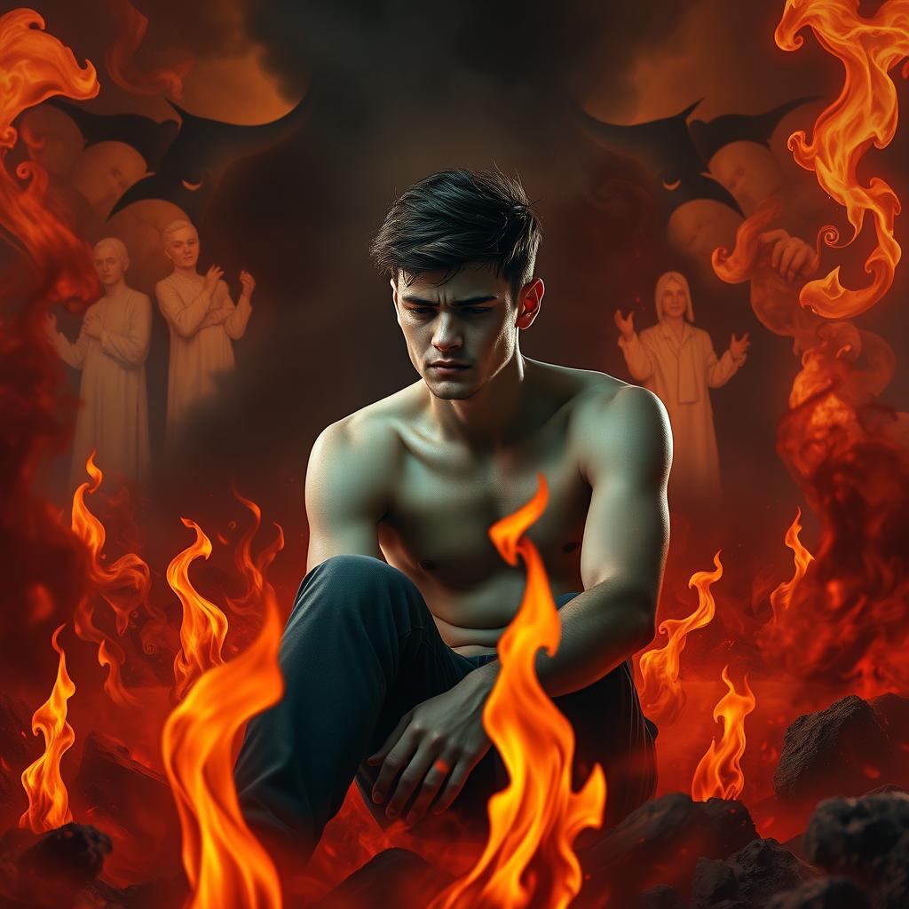 A young man engulfed in a haunting hellscape, reflecting on his past sins with a pained expression