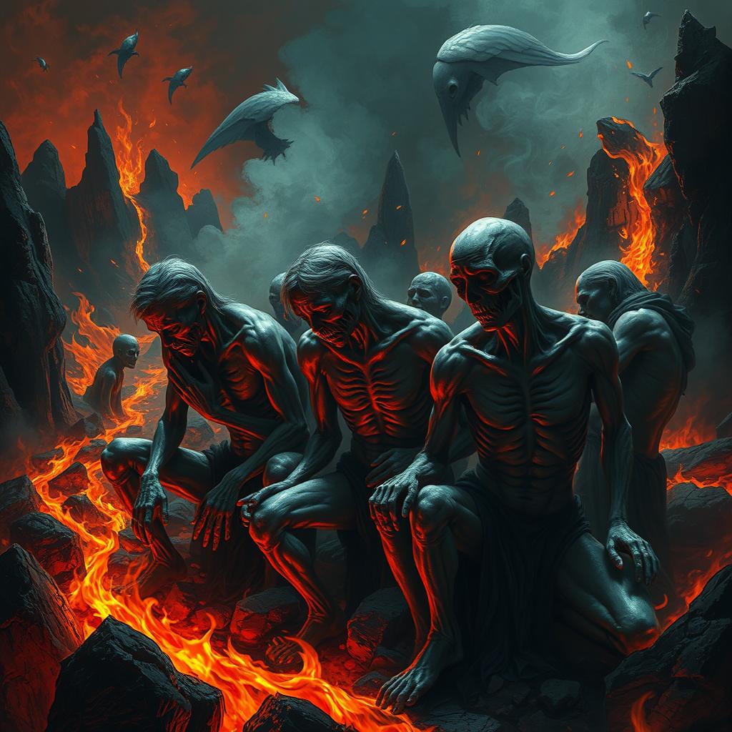 A haunting depiction of tormented souls suffering in a vivid hellscape, their bodies weakened and frail