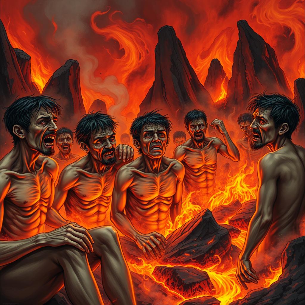 A group of people suffering in a vivid, hellish landscape, each reflecting on their past sins with expressions of despair and anguish