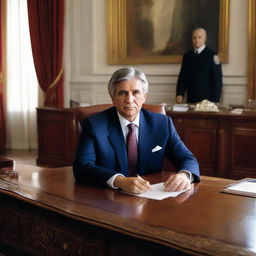 Javier Milei seated behind a president's desk in an elegant office, donning formal attire symbolising presidential status.