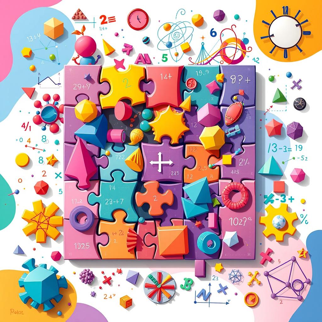 A vibrant and imaginative illustration showcasing various mathematical concepts in a puzzle format