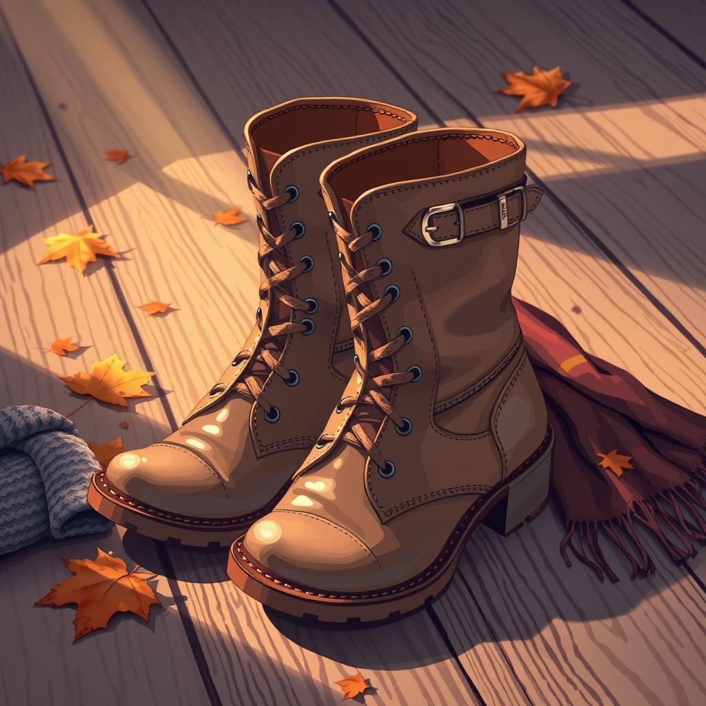 A visually stunning illustration of stylish, trendy boots displayed on a rustic wooden floor