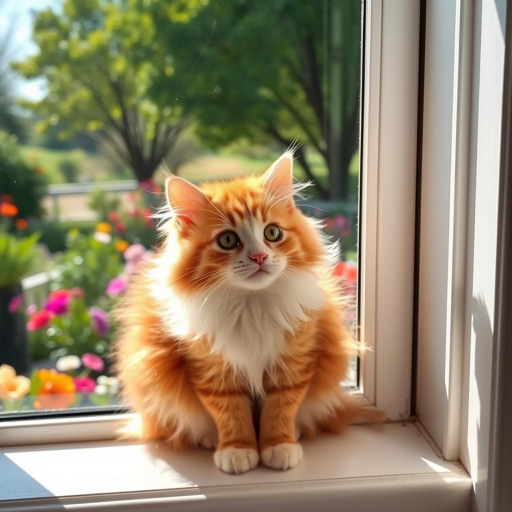 A cute, fluffy cat sitting on a windowsill, basking in the sunlight